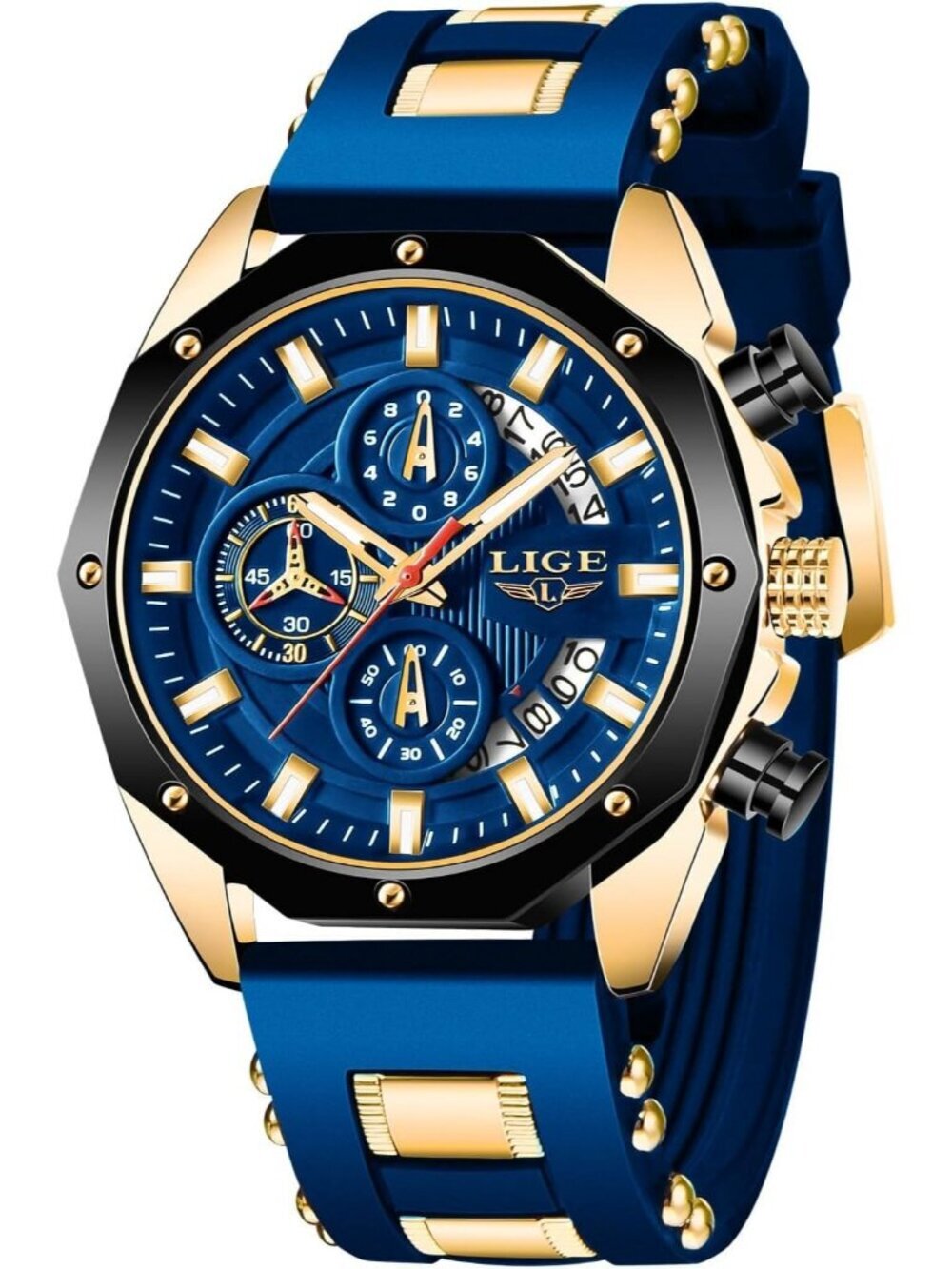 Men's Blue Gold Analog Quartz Unique Vintage Chronograph Waterproof Wrist Watch